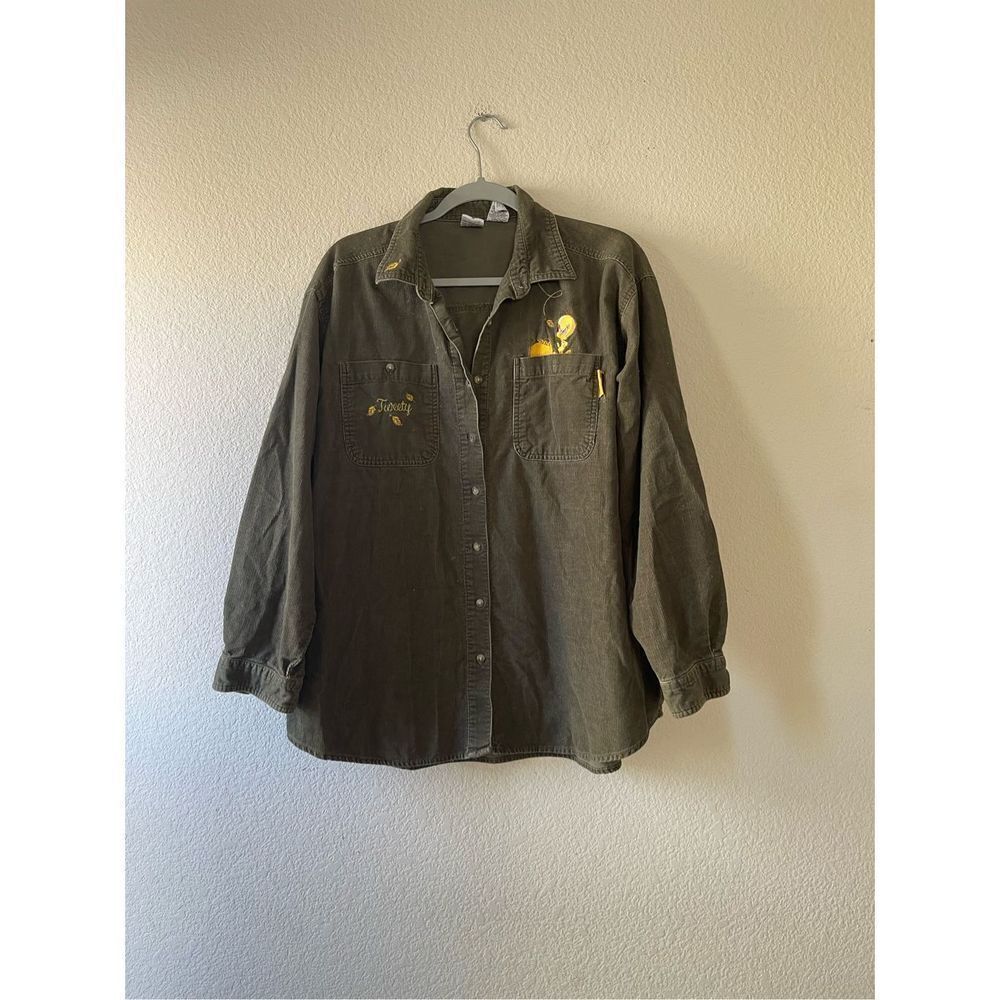 Vintage looney tunes corduroy green tweedy button up shirt size xl